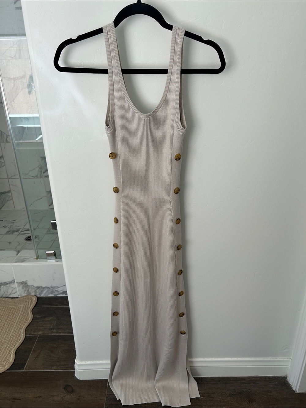 Abercrombie Sleeveless Beige Ribbed Maxi Dress with Side Button Detail